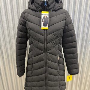 DKNY Long Black Hooded Quilted Puffer Coat